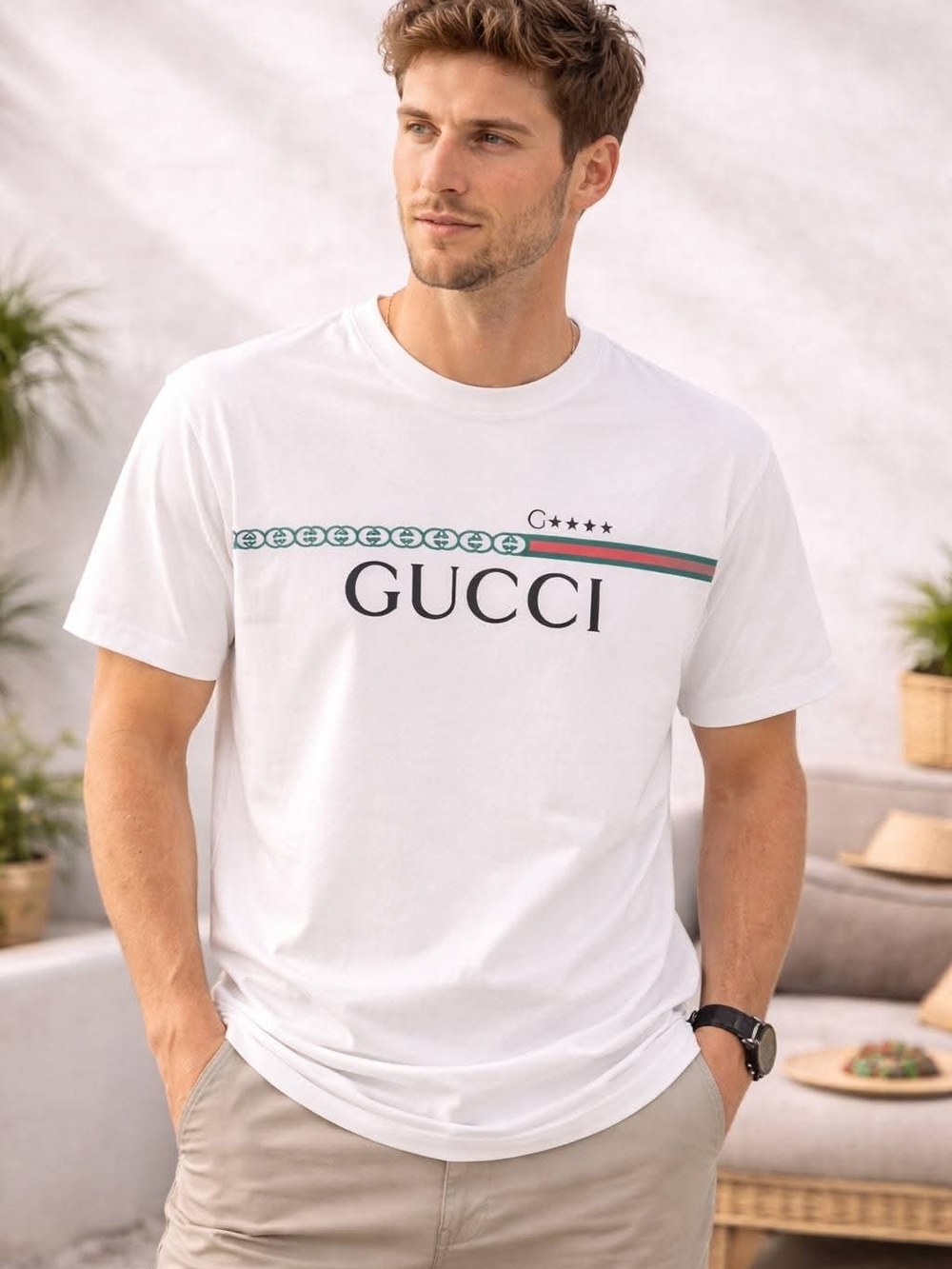 Gucci White Tee with Green and Red Chest Stripe